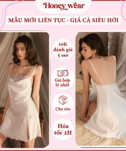 Váy Ngủ Lụa Hai Dây Cổ Đổ Phối Ren Honey Wear Đầm Ngủ Lụa Sexy