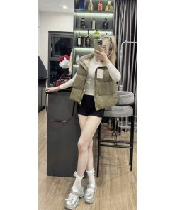 áo khoác phao hai lớp phối cúc bấm cổ cao dày dặn phong cách Hàn Quốc-thoitrangcenter