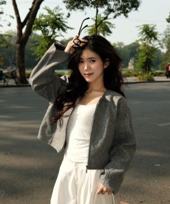 Áo Khoác Dạ Nữ Phối Viền Tay Dáng Ngắn Croptop Mùa Thu Đông 2024 Kimee MA463-thoitrangcenter