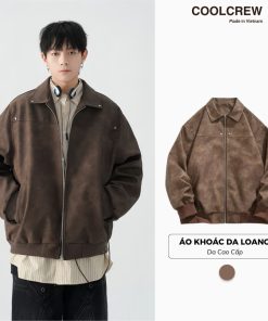 Áo Khoác Da Loang Nâu   Unisex Cổ Bẻ Khóa Kéo Phong Cách Retro Đường Phố-thoitrangcenter