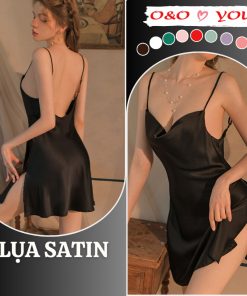 Đầm ngủ 2 dây cổ đổ liền thân xẻ tà 1 bên chất liệu lụa Satin cao cấp