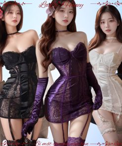Váy Ôm Sát Hông Ren Xuyên Thấu Phối Satin Tím Có Gọng Nâng Ngực Sexy Gợi Cảm
