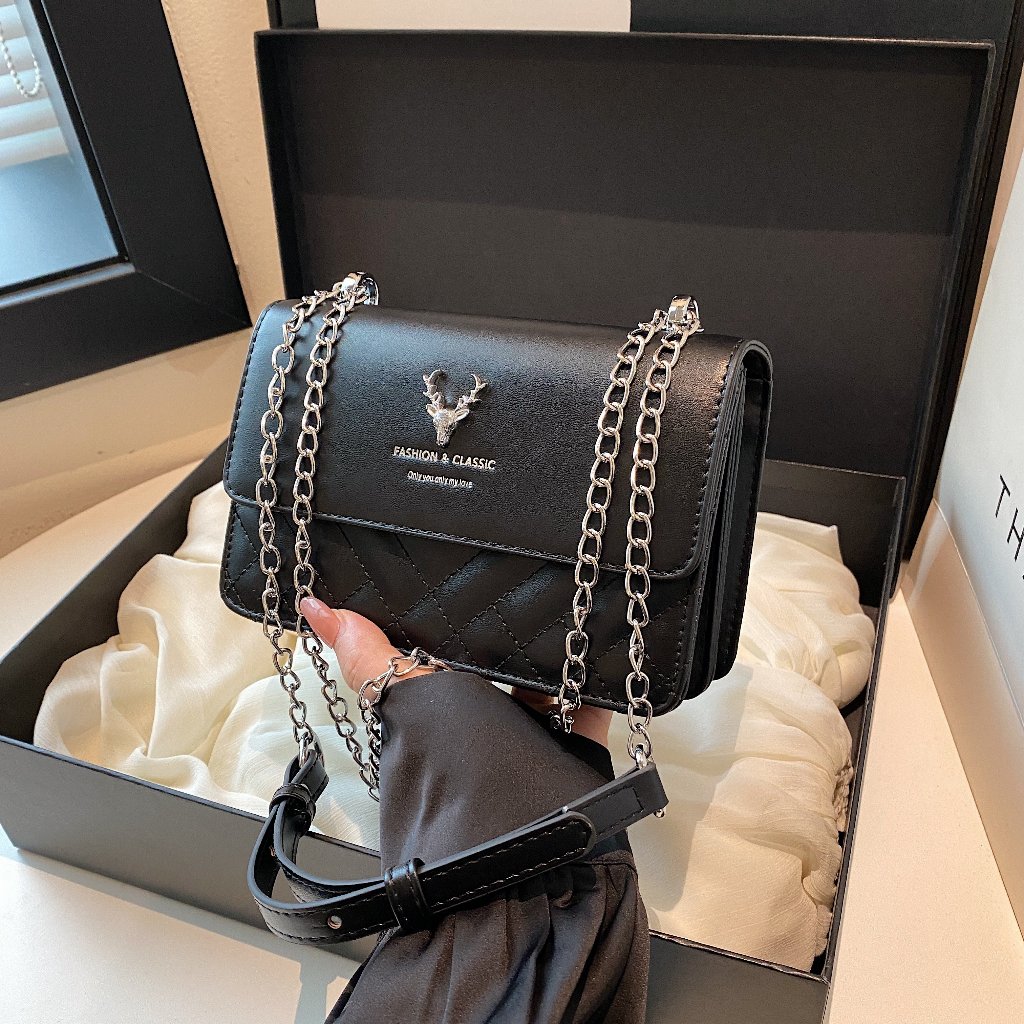 Túi xách nữ đeo chéo vai dáng vuông dây xích fullbox màu đen trắng 7K STORE TX39-thoitrangcenter