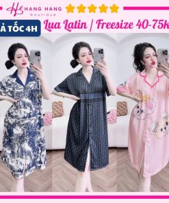 Đầm váy ngủ sơ mi cổ vest lụa latin min mát dáng suông rộng